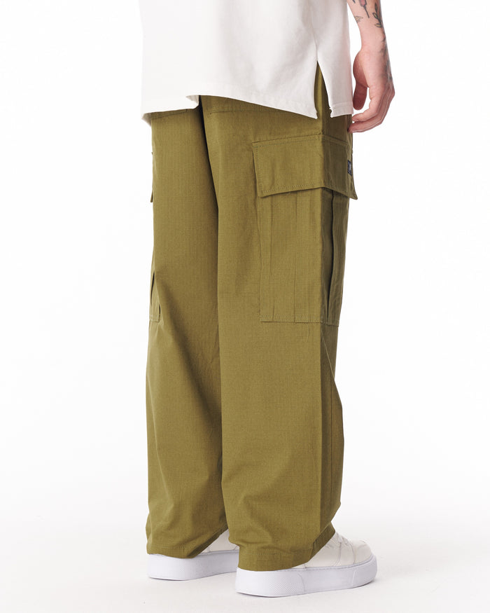 Martin Valen khaki wide-leg trousers with adjustable cuff, side view showing cargo pocket