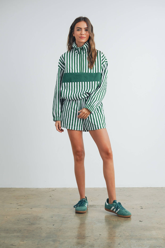 Drawstring Turtleneck Jacket - Green/Ivory