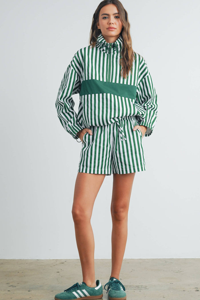 Drawstring Turtleneck Jacket - Green/Ivory