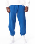 Martin Valen blue corded joggers, front mid-shot showing stitch details and elastic cuffs