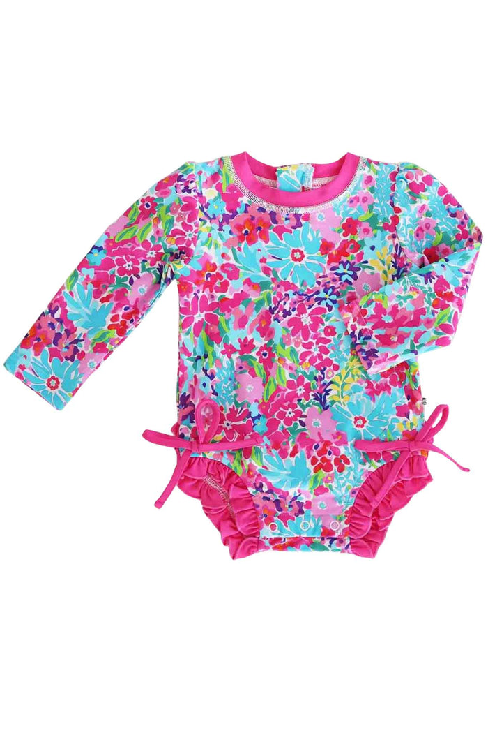 Long Sleeve Rash Guard With Ruffle Bottom- Petal Splash by Caden Lane