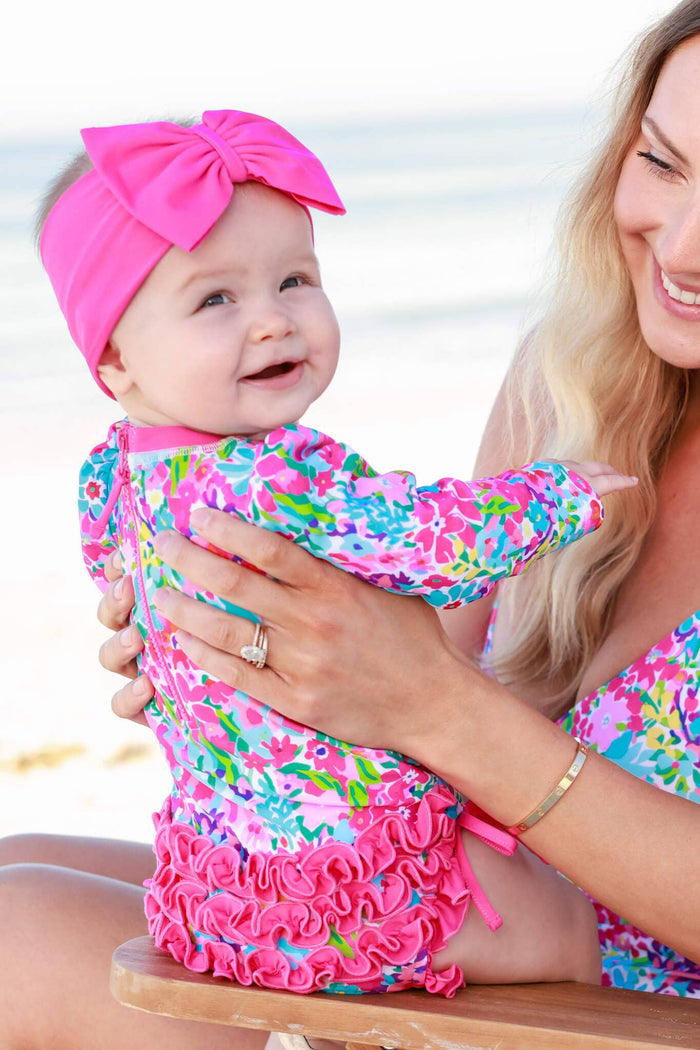 Long Sleeve Rash Guard With Ruffle Bottom- Petal Splash by Caden Lane