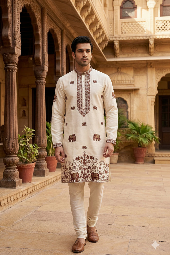 Royal Ivory Elephant Motif Kurta Set