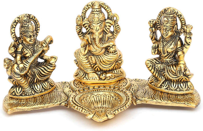 White Whale Laxmi Saraswati Idol Decorative Platter With Diya And Agarbatti Stand Diwali Gift, Metal, , Standard, 1 Piece