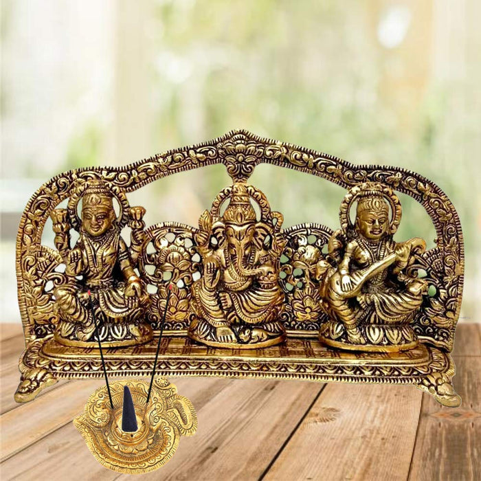 White Whale Metal Laxmi Ganesh Saraswati Idol, 14 cm x 26 cm x 5 cm, Gold