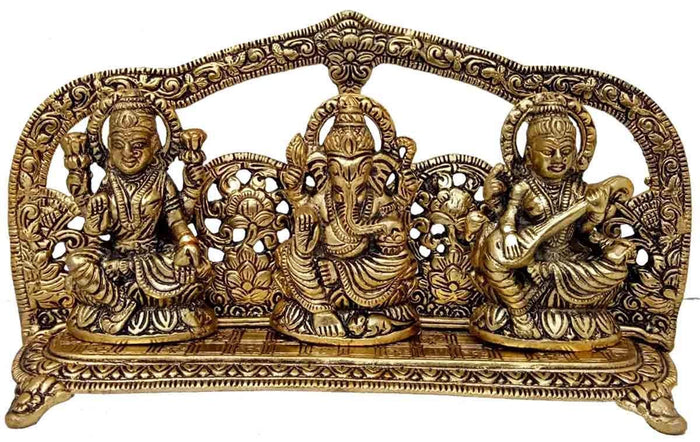 White Whale Metal Laxmi Ganesh Saraswati Idol, 14 cm x 26 cm x 5 cm, Gold