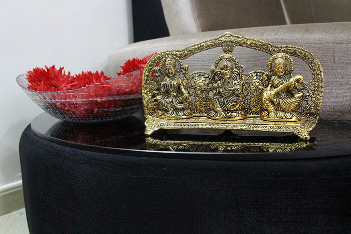 White Whale Metal Laxmi Ganesh Saraswati Idol, 14 cm x 26 cm x 5 cm, Gold