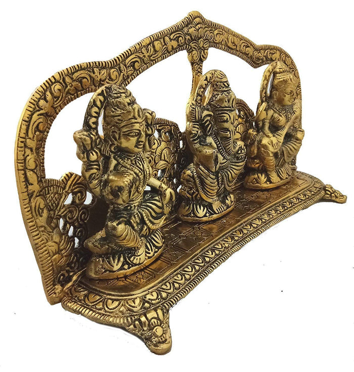 White Whale Metal Laxmi Ganesh Saraswati Idol, 14 cm x 26 cm x 5 cm, Gold